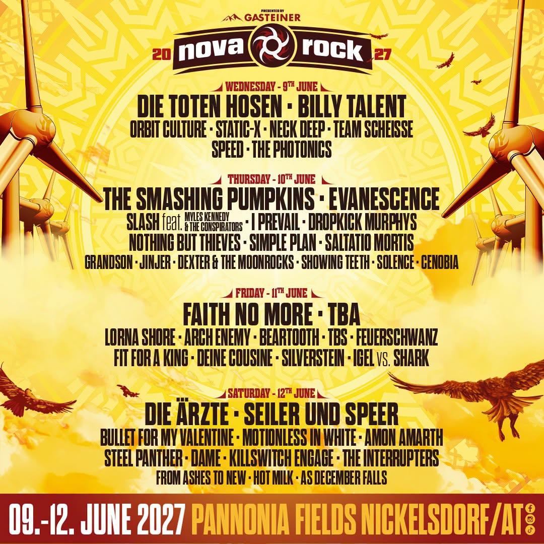 Nova Rock 2027: Faith No More, Smashing Pumpkins und Die Ärzte – 44 Bands bestätigt